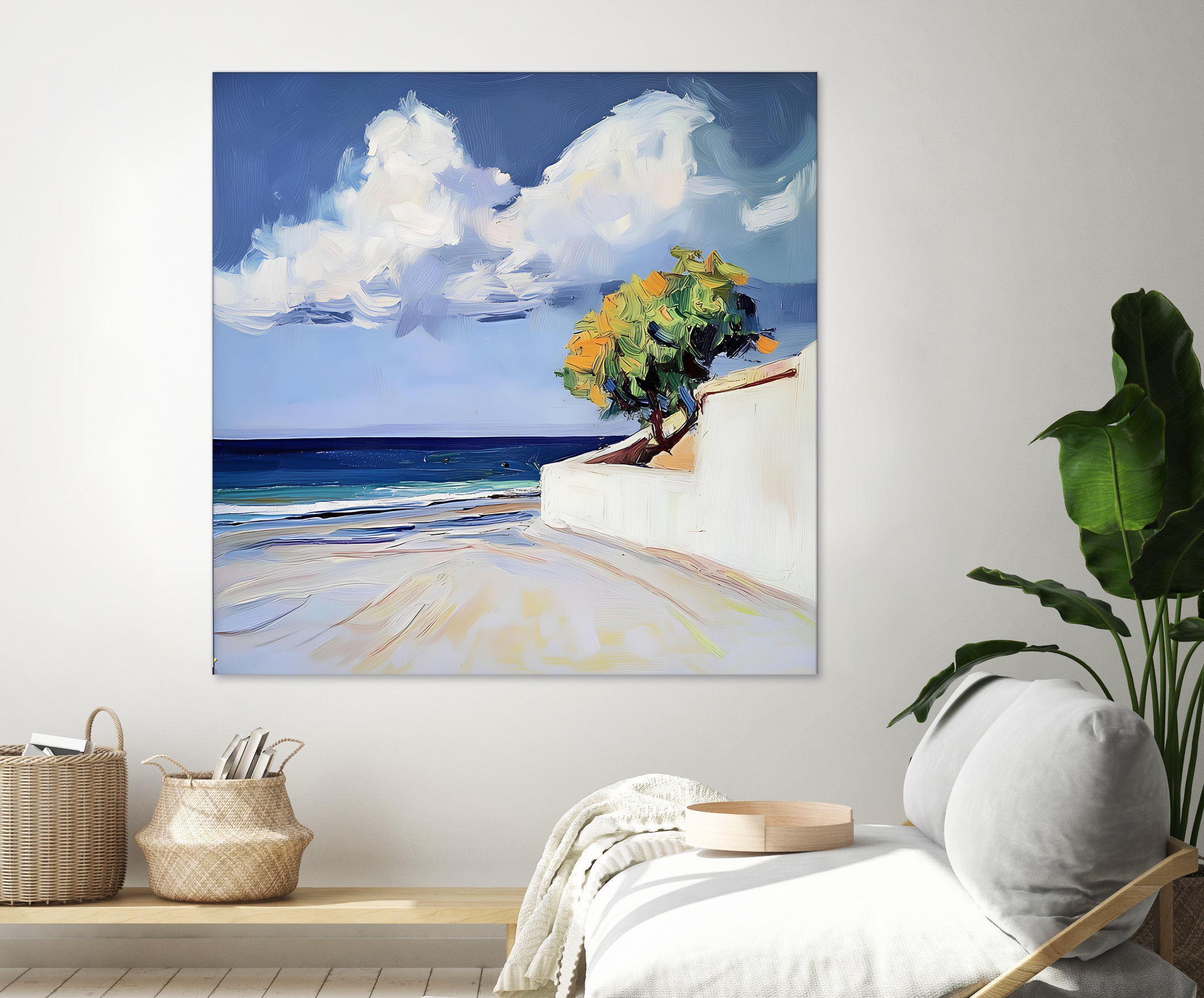 Serene Beach View with a Tree and Dramatic Clouds by Avanesova Elena on GIANT ART - nature and landscapes elena