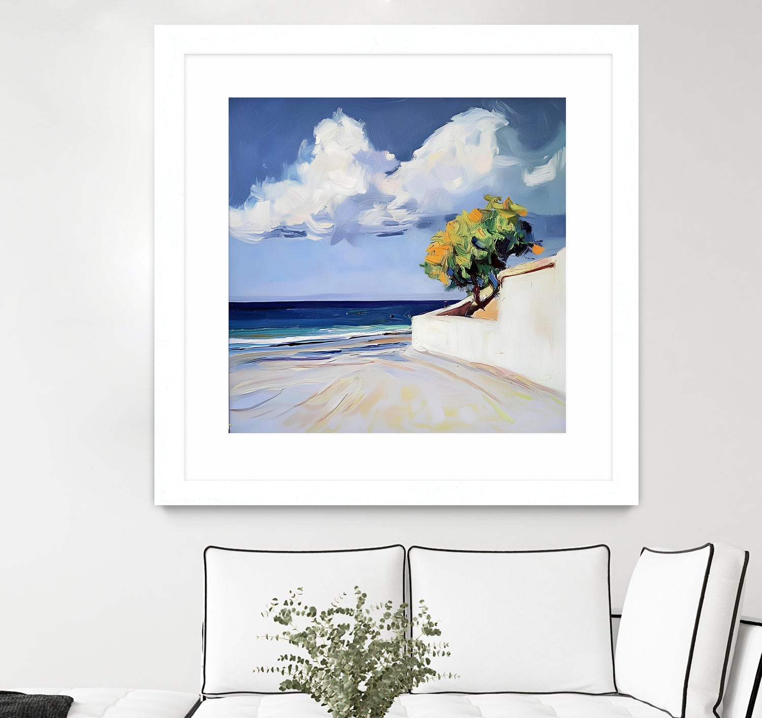 Serene Beach View with a Tree and Dramatic Clouds by Avanesova Elena on GIANT ART - nature and landscapes elena