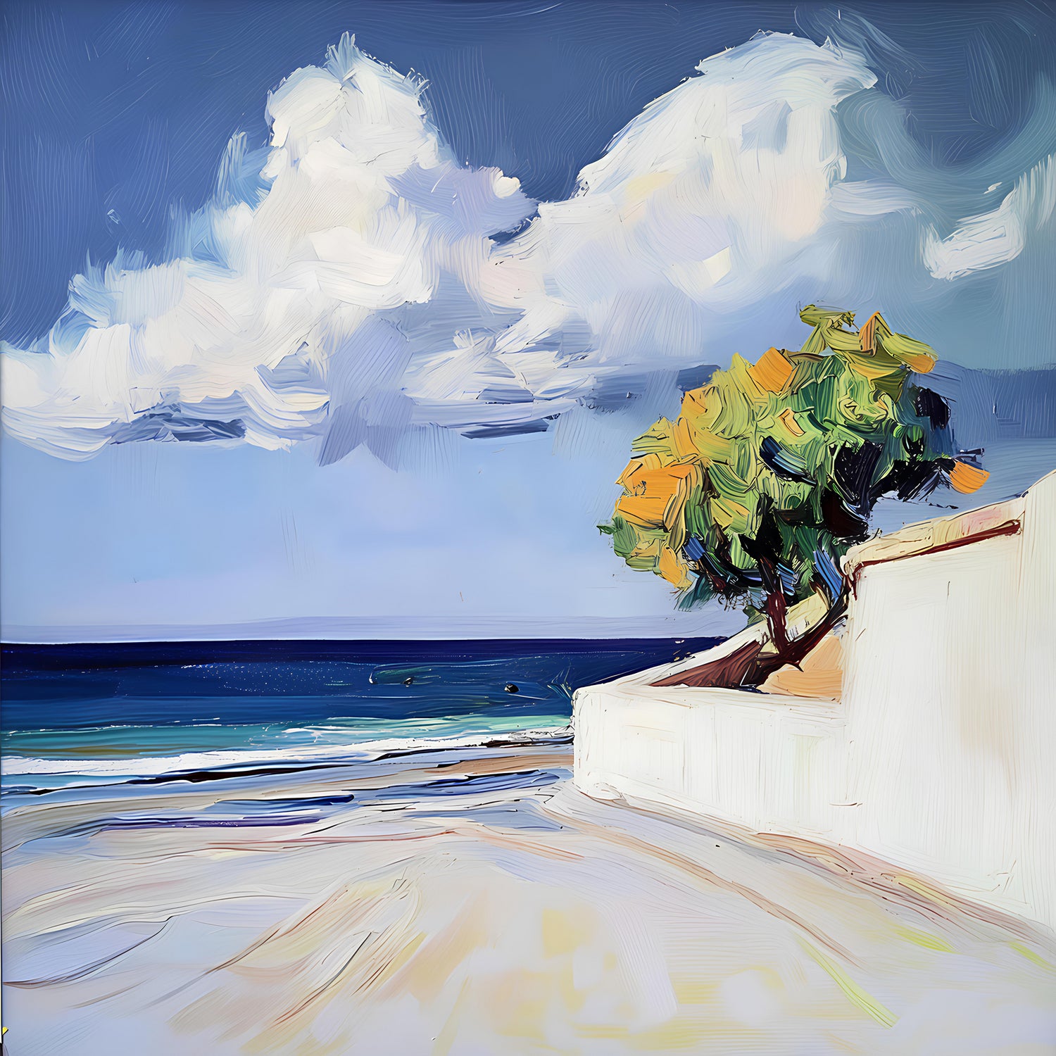 Serene Beach View with a Tree and Dramatic Clouds by Avanesova Elena on GIANT ART - nature and landscapes elena