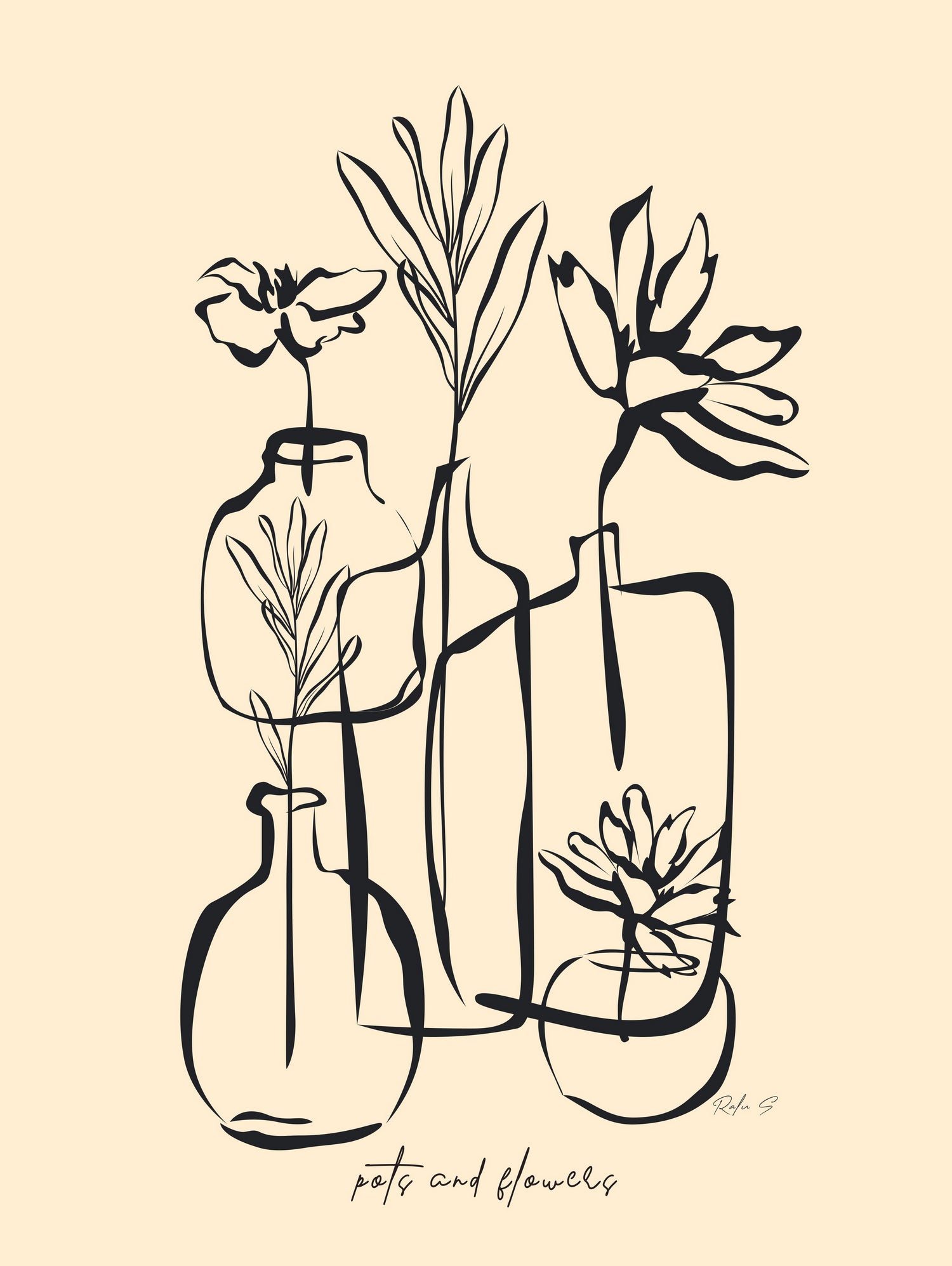Pots And Flowers by Ralu S on GIANT ART - flowers and plants botanical line art